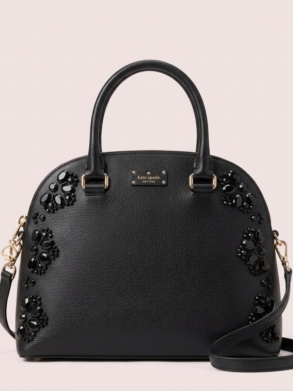 Kate Spade Vintage Black Embellished Dome Satchel with Floral Gems